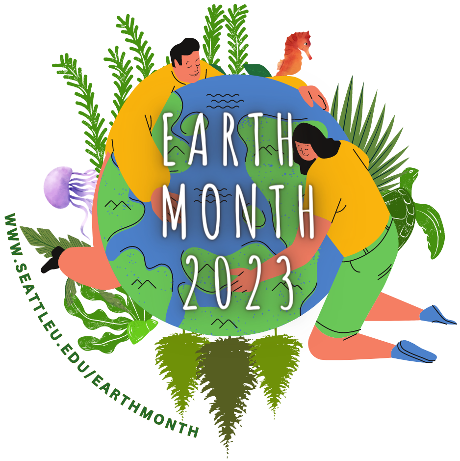 Logo for Earth Month 2023. There is an illustration of an Earth with people in yellow hugging it. There are illustrated flowers and trees surrounding the illustration.